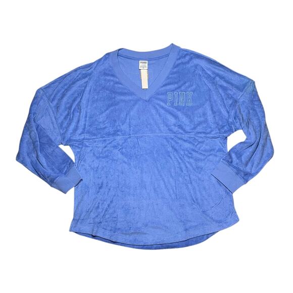 Victoria's Secret PINK Varsity Beach Terry V Neck Top Blue Dawn Size Large - Picture 1 of 3